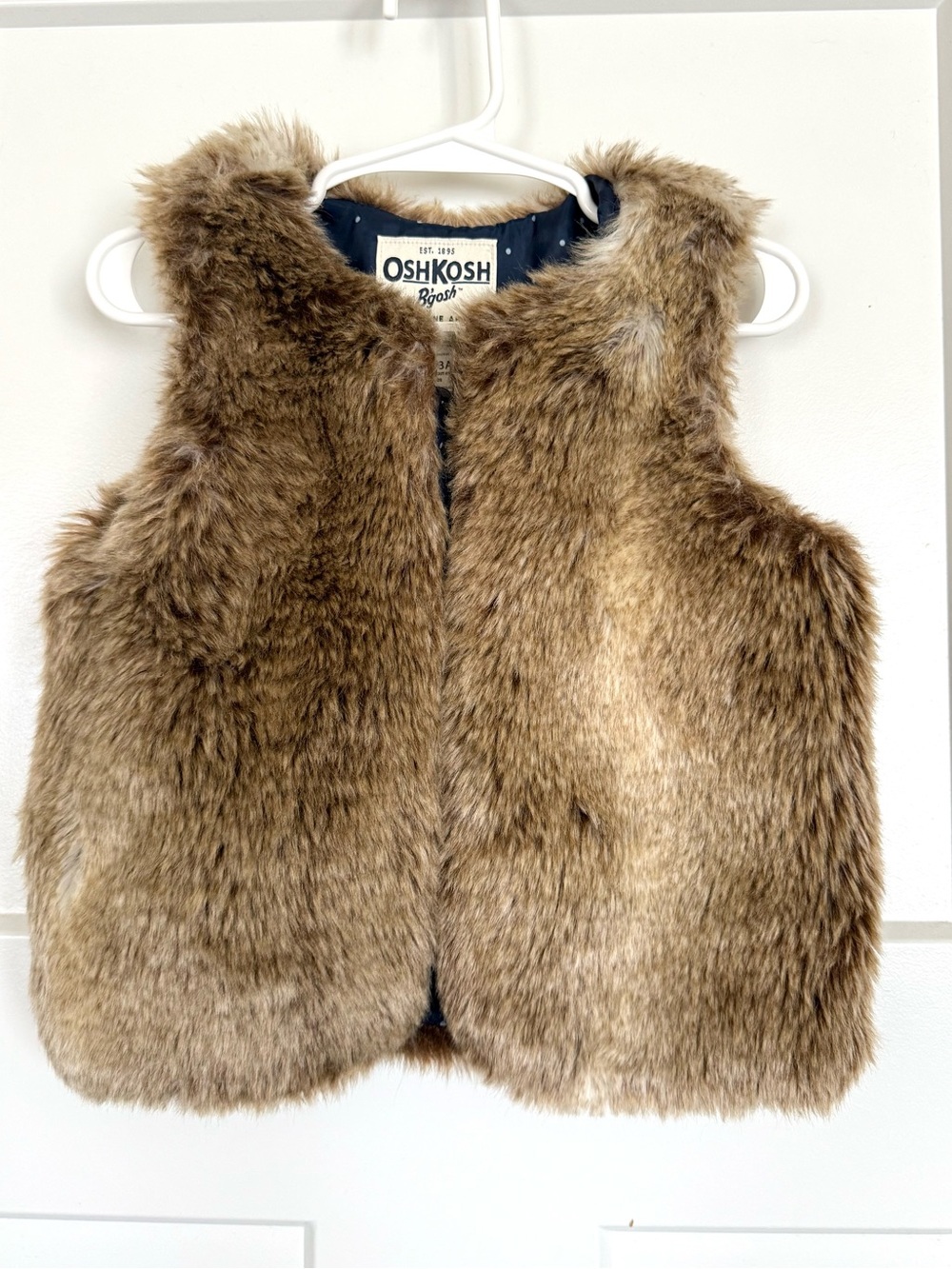 OshKosh B’gosh Girls 3T Brown Faux Fur Vest Navy Polka Dot Lining